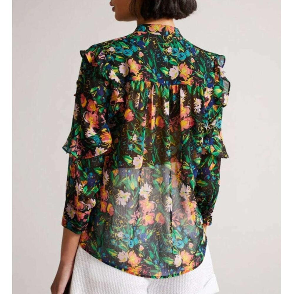 Ted Baker Semi-Sheer Floral Ruffle Blouse Top Size US 6 (Tag size 2) Black - Picture 2 of 9